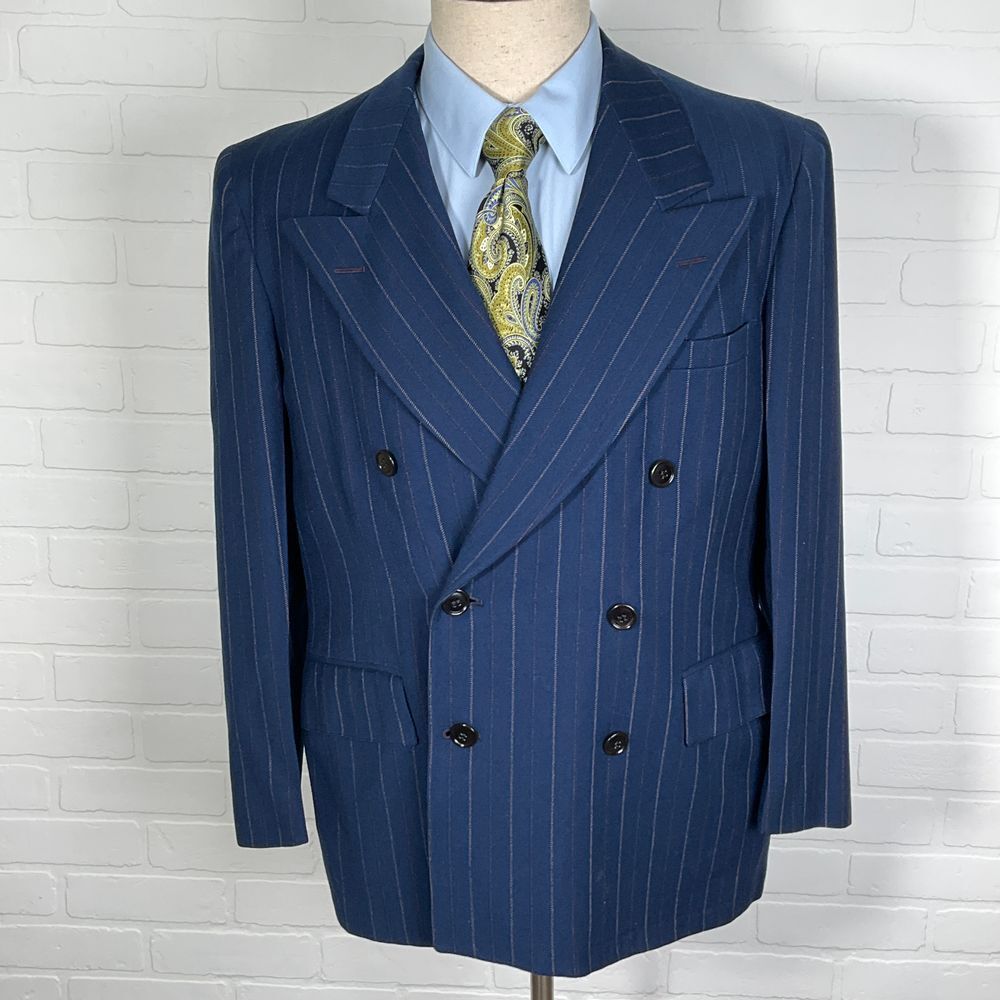 Unbranded Blazer Men 40 Blue‎ Purple Pinstripe Double Breasted Peaked  Wool VTG